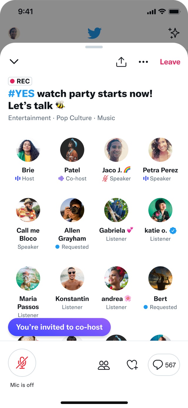 Co-host invite banner within a live Space
